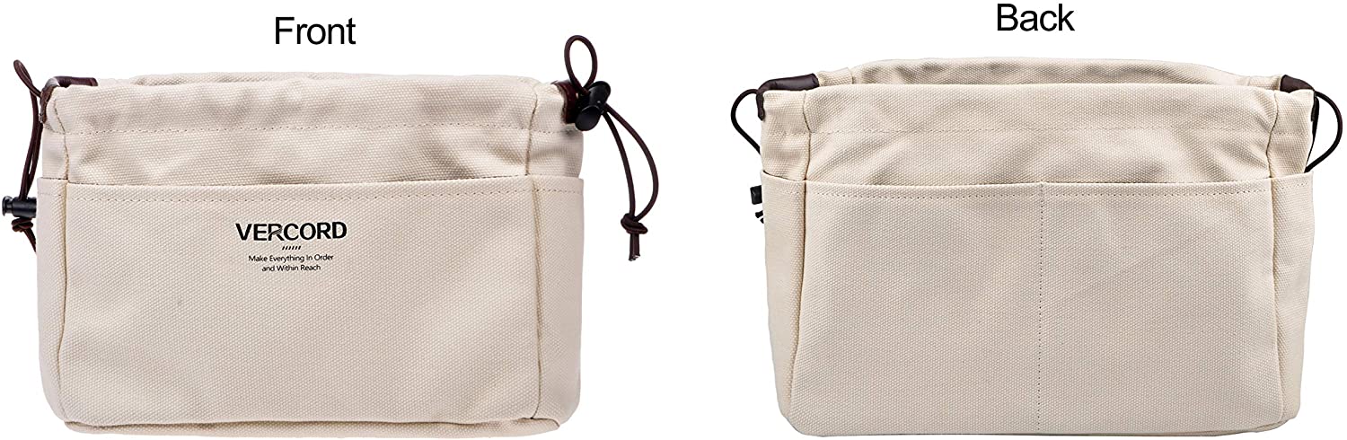 Vercord Canvas Handbag Organizers, Sturdy Purse Insert Organizer Bag in Bag, 10 Pockets Beige Small