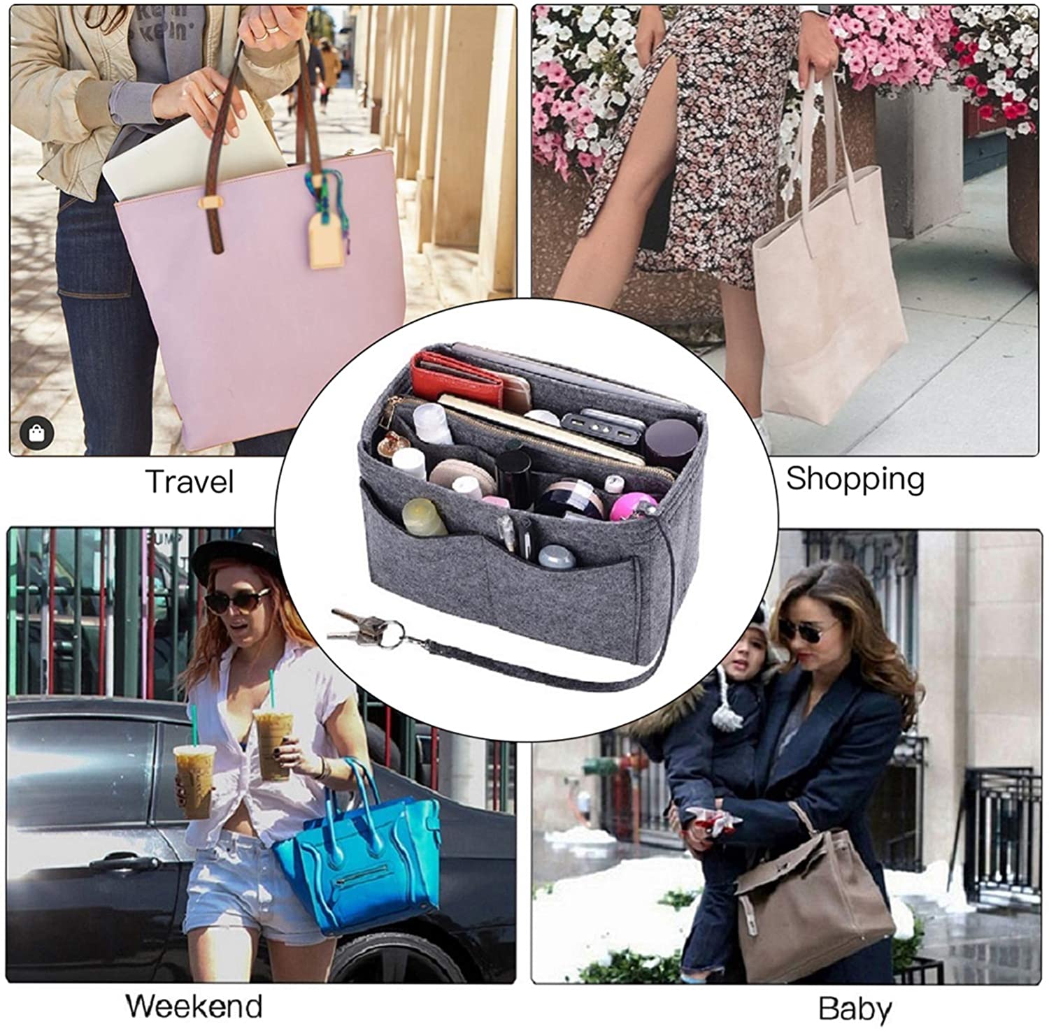 Purse Organizer Insert, Felt Bag organizer with zipper, Handbag & Tote Shaper, For Speedy Neverfull Tote, 5 Sizes