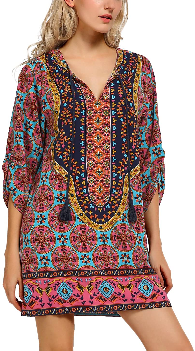 Women Bohemian Neck Tie Vintage Printed Ethnic Style Summer Shift Dress