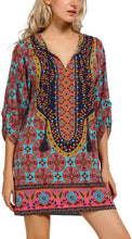 
                        
                          Load image into Gallery viewer, Women Bohemian Neck Tie Vintage Printed Ethnic Style Summer Shift Dress
                        
                      