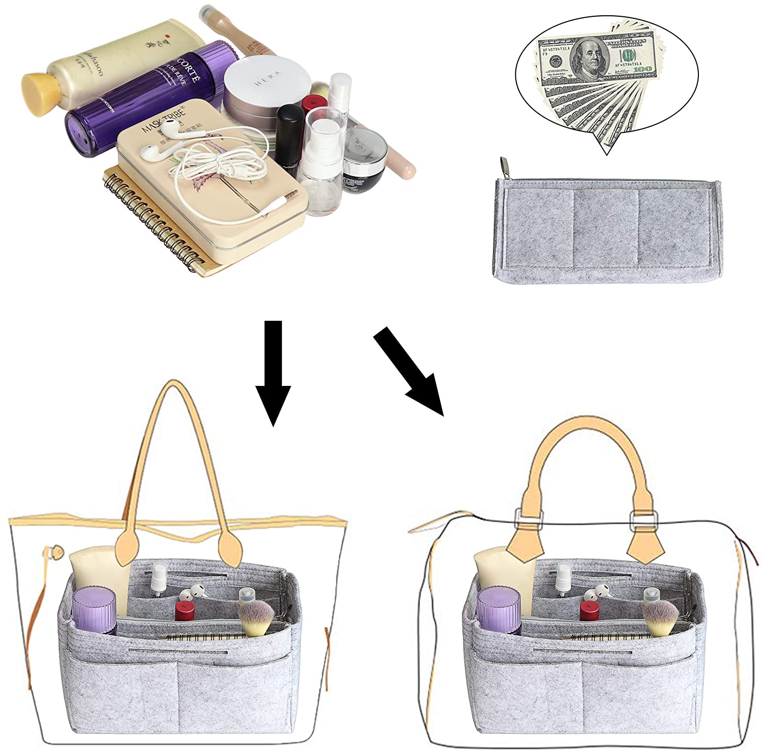 Purse Handbag Organizer Insert, MISIXILE Felt Bag Organizer with Handles