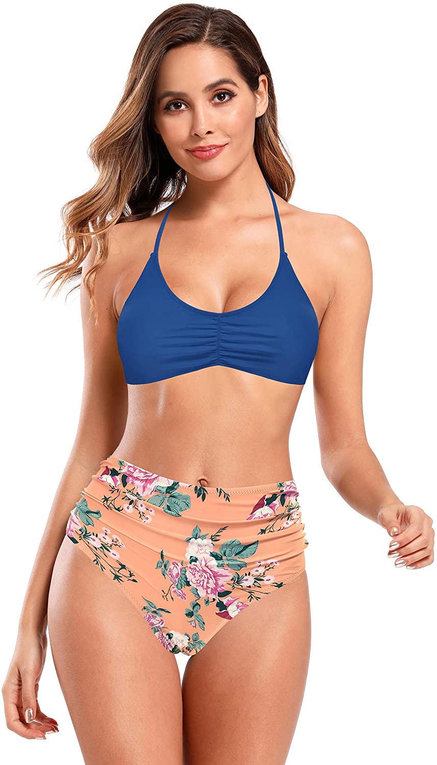 SHEKINI Women's Floral Printing Cutout Strappy Halter Swimsuits Bikini Suits