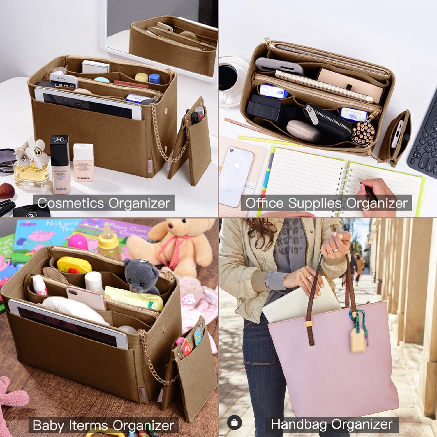 Purse Organizer, Purse Organizer Insert With 2 Metal Zipper, Bag Organizer With RFID Blocking Pocket Purse Organizer insert