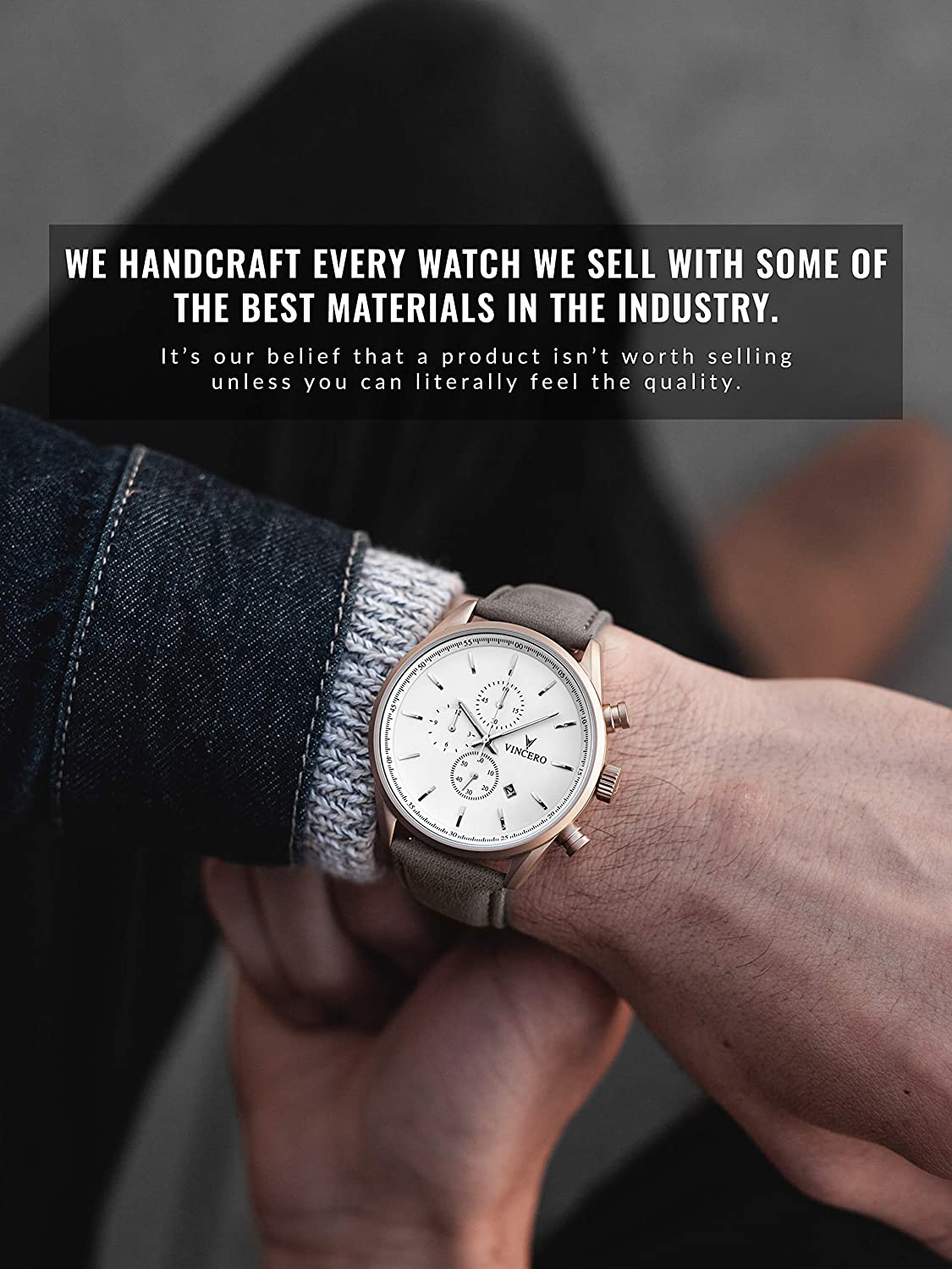 Vincero Luxury Men's Chrono S Wrist Watch - Top Grain Italian Leather Watch Band - 43mm Chronograph Watch - Japanese Quartz Movement…