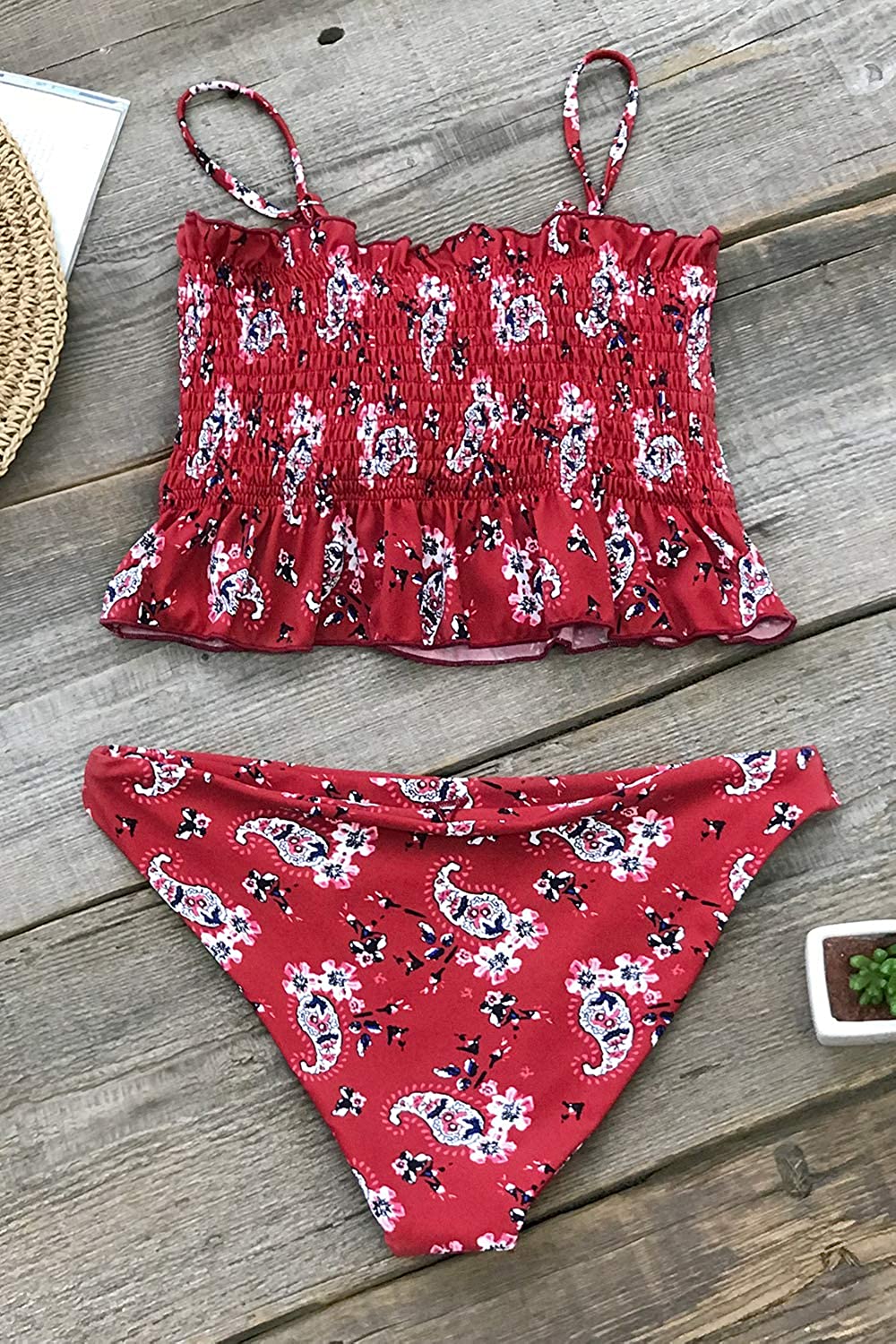 CUPSHE Women's High Waist Bikini Swimsuit Ruffle Smock Floral Print Two Piece Bathing Suit