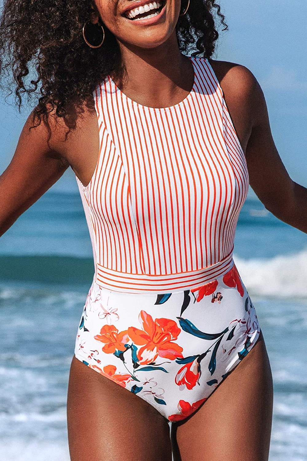 CUPSHE Women's Striped Leafy One Piece Swimsuit