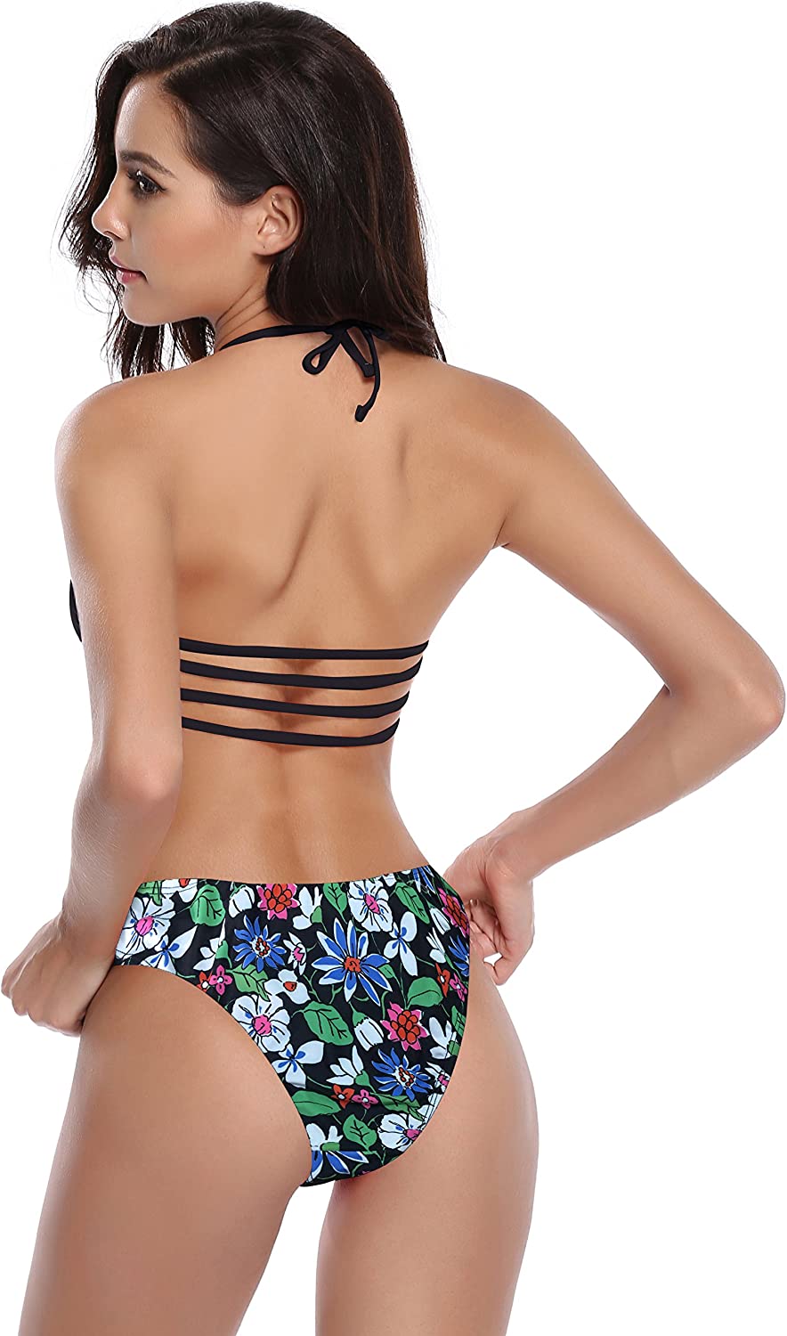 SHEKINI Women's Floral Printing Cutout Strappy Halter Swimsuits Bikini Suits