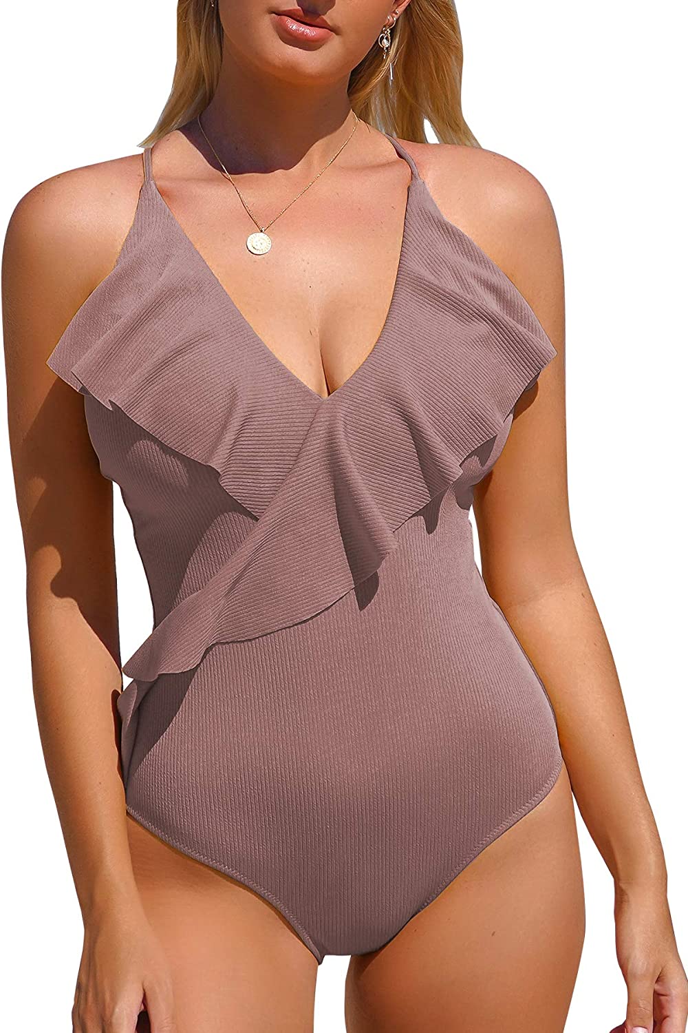CUPSHE Women's One Piece Swimsuit Ruffle Wrap Textured Beach Swimwear Bathing Suits