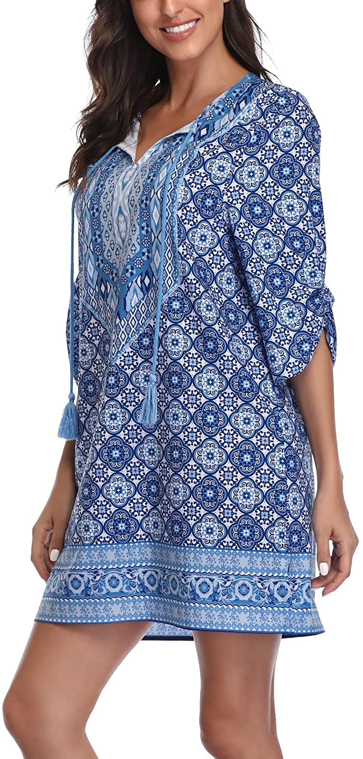 Women Bohemian Neck Tie Vintage Printed Ethnic Style Summer Shift Dress
