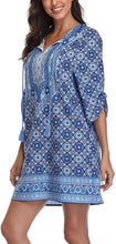 
                        
                          Load image into Gallery viewer, Women Bohemian Neck Tie Vintage Printed Ethnic Style Summer Shift Dress
                        
                      