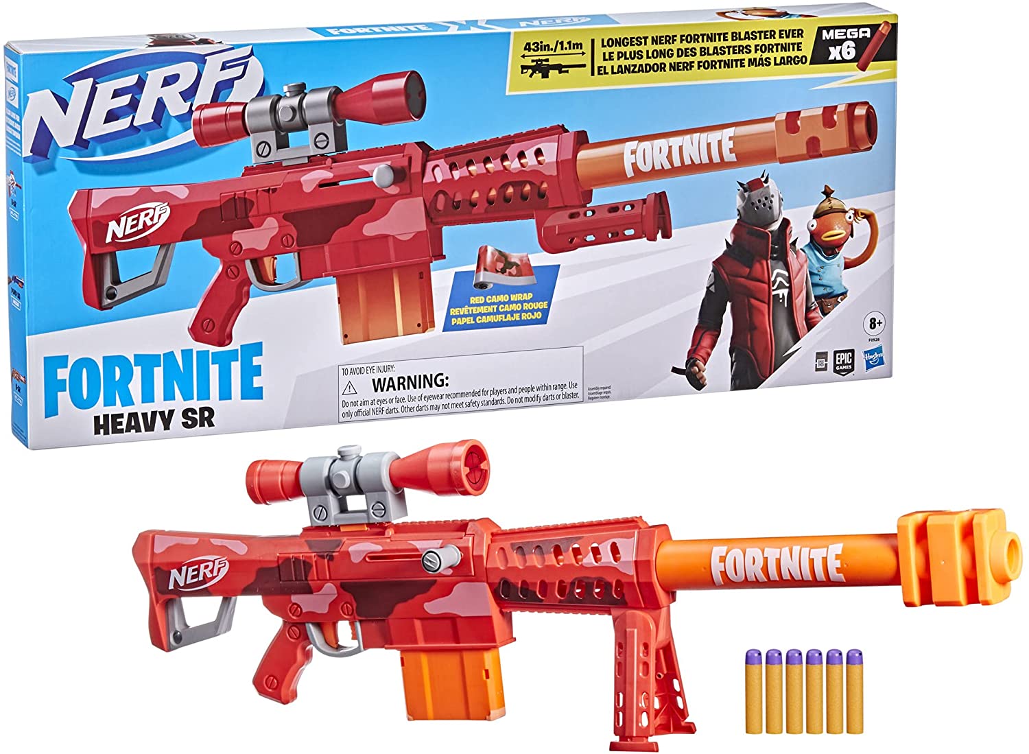 NERF Fortnite Heavy SR Blaster, Longest Fortnite Blaster Ever, Removable Scope, Bolt Action, 6 Official Mega Darts, 6-Dart Clip