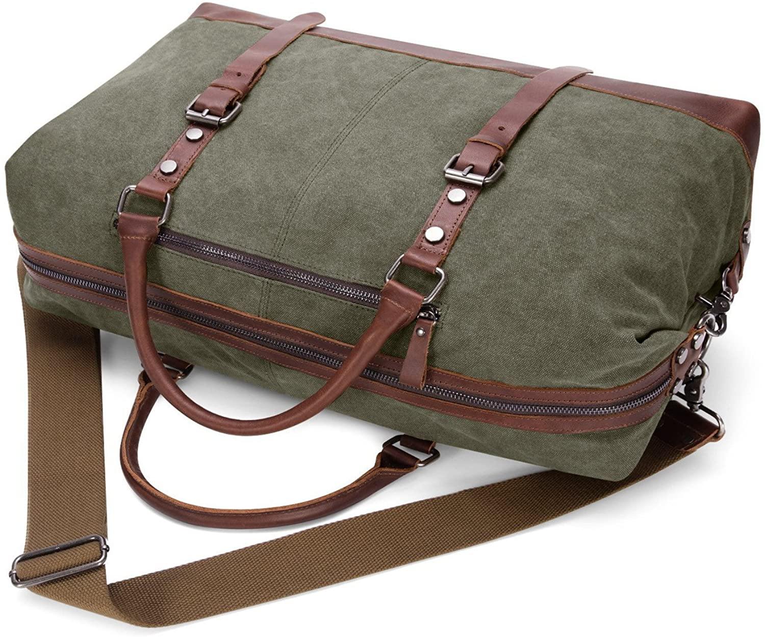 BAOSHA Canvas PU Leather Travel Tote Duffel Bag Carry on Bag Weekender Overnight Bag - JOY2ESpree