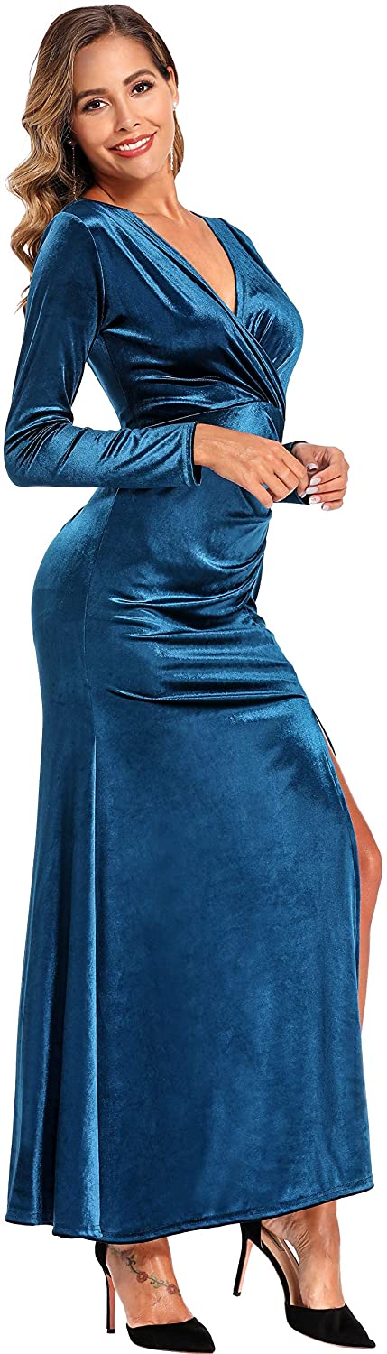 Ababalaya Long Sleeve Wrap Velvet Long Formal Dresses Cocktail Dress