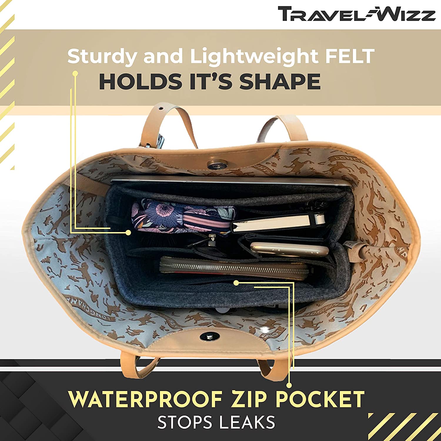 Handbag Organizer - 2in1 Purse Organizer Insert with Inner Zipped Pocket - Tote Shaper fits Speedy Neverfull - Grey Medium