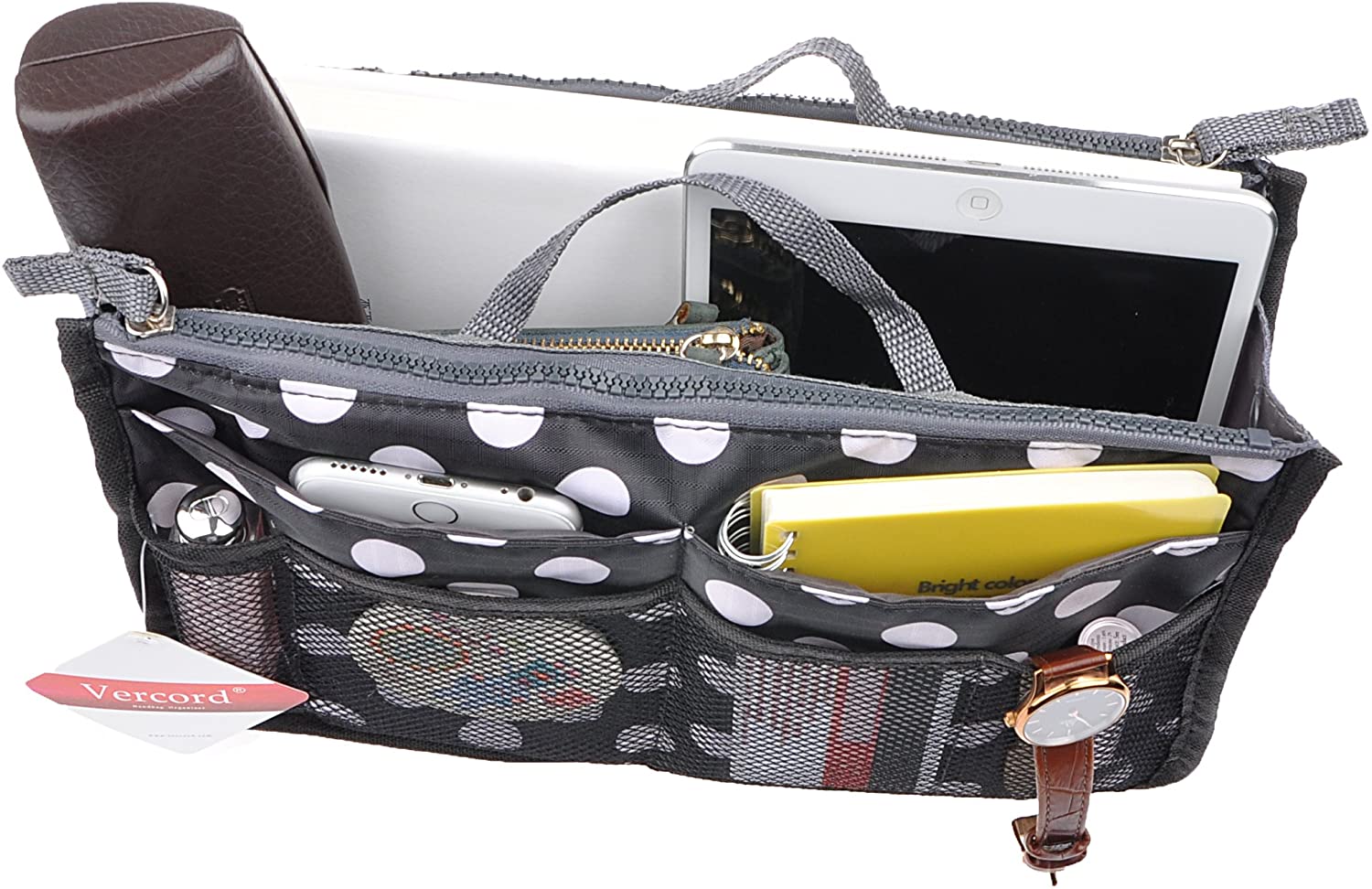 Vercord Purse Organizer Insert for Handbags Bag Organizers Inside Tote Pocketbook Women Nurse Nylon 13 Pockets Black Medium