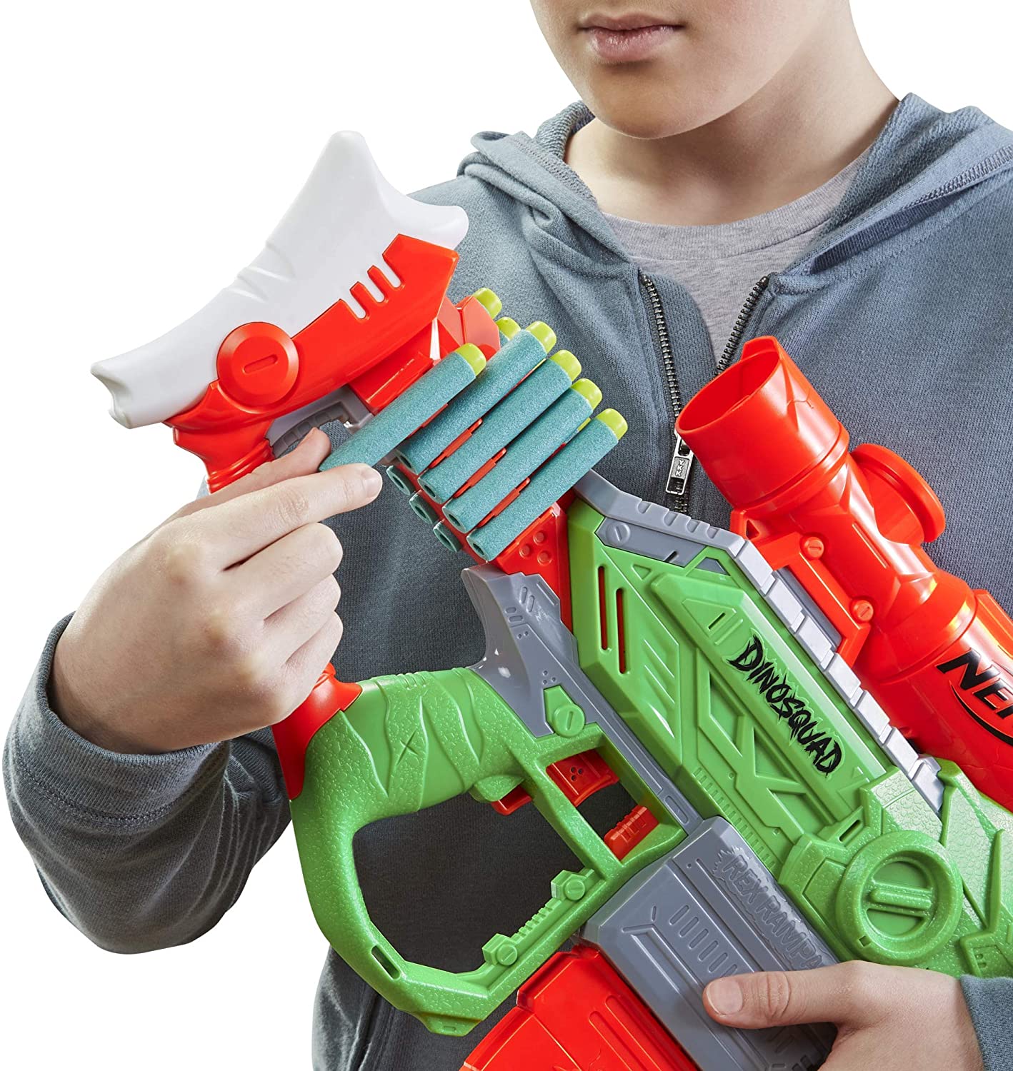 NERF DinoSquad Rex-Rampage Motorized Dart Blaster, 10-Dart Clip, 20 Official Darts, 10-Dart Storage- T-Rex Dinosaur Design