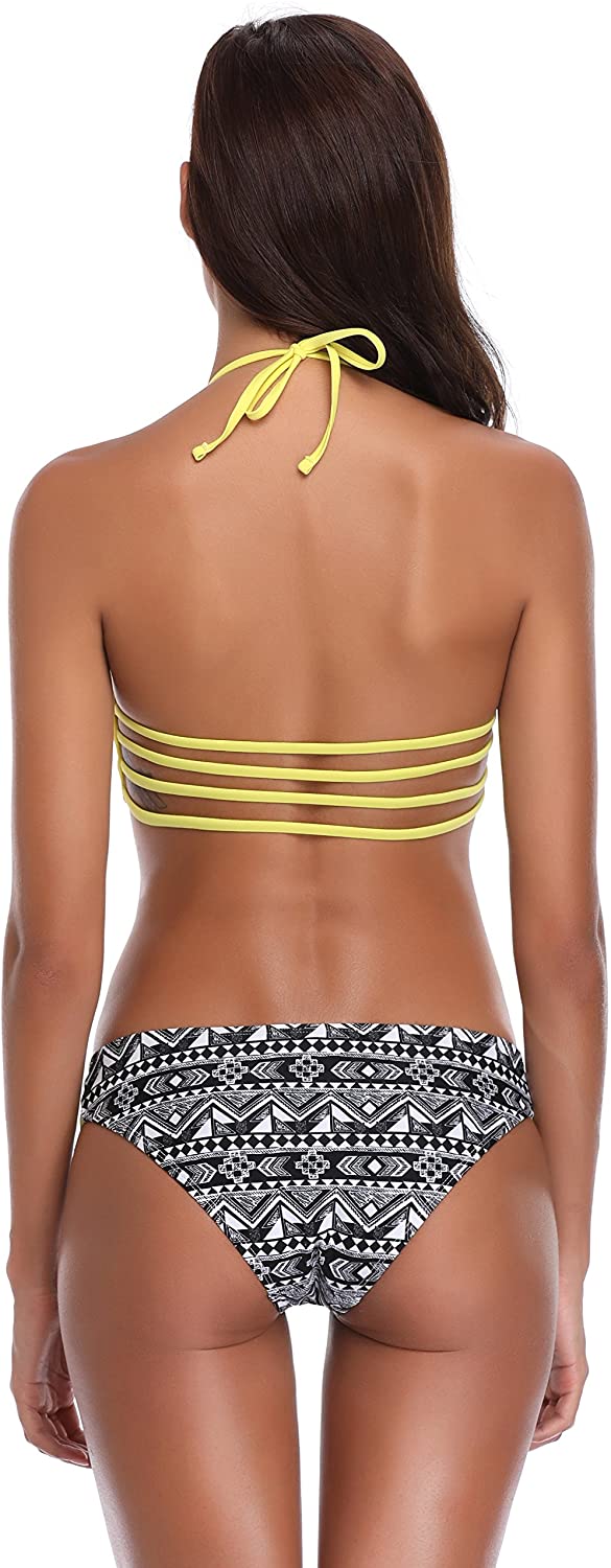 SHEKINI Women's Floral Printing Cutout Strappy Halter Swimsuits Bikini Suits