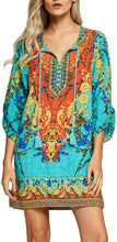 
                        
                          Load image into Gallery viewer, Women Bohemian Neck Tie Vintage Printed Ethnic Style Summer Shift Dress
                        
                      