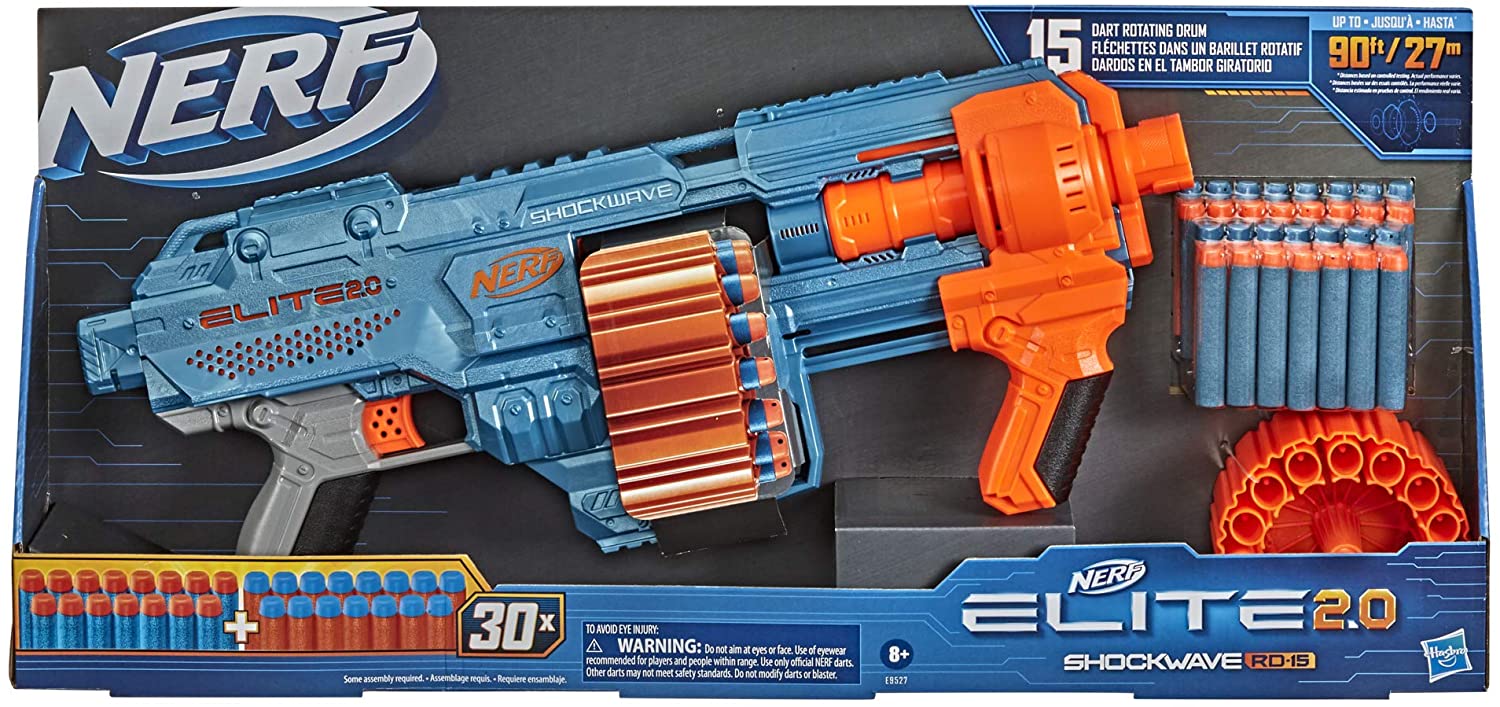 NERF Elite 2.0 Shockwave RD-15 Blaster, 30 Darts, 15-Dart Rotating Drum, Pump-Action Slam Fire, Built-in Customizing Capabilities