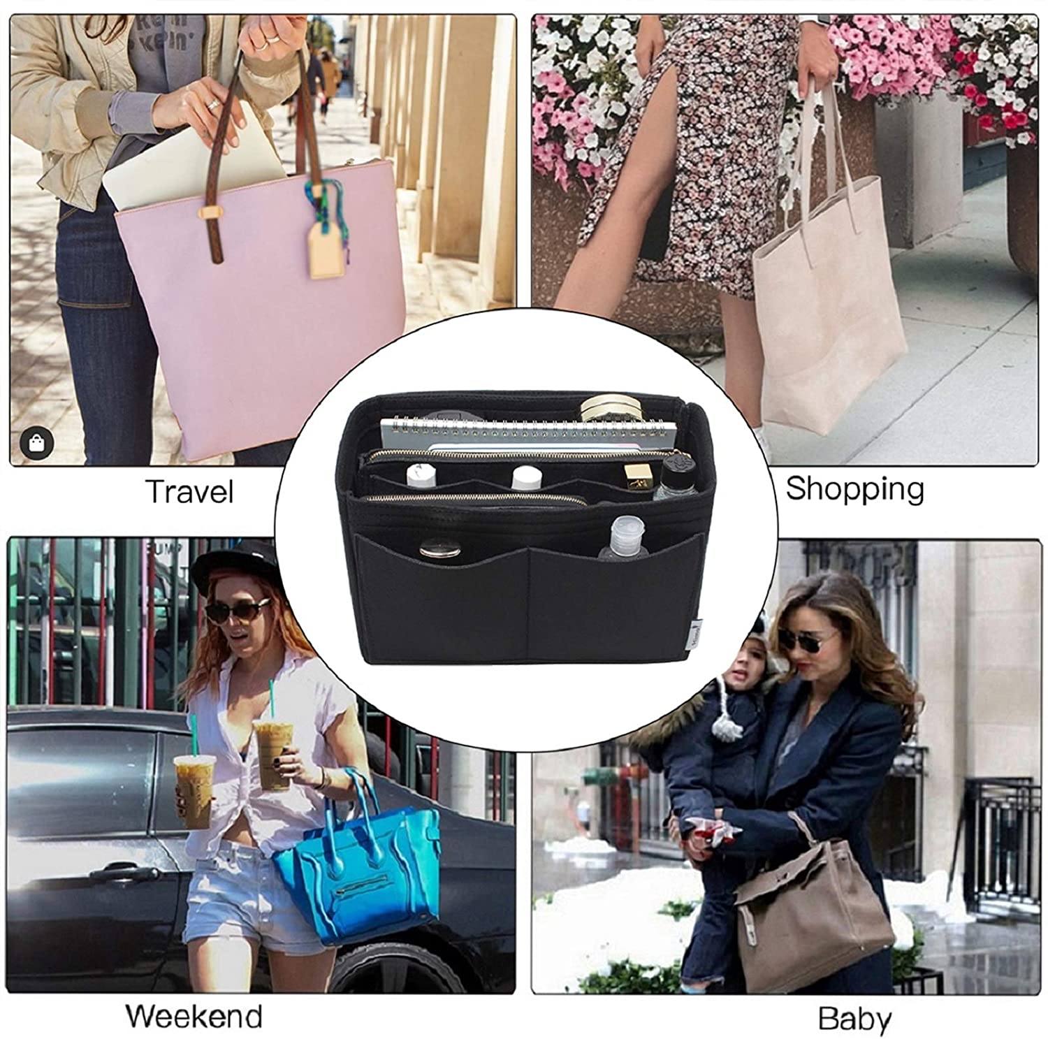 Purse Organizer Insert, Bag Organizer, Bag in Bag, Perfect for Speedy Neverfull and More, 5 Size (X-Large, Black)