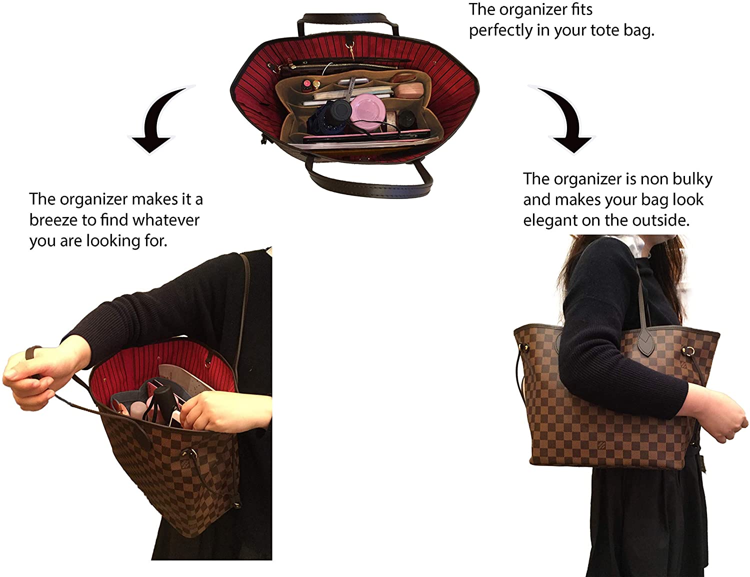 Felt Tote Bag Organizer Insert with Pockets, Handbag Purse Shaper, fits Neverfull, Speedy, Longchamp, etc.