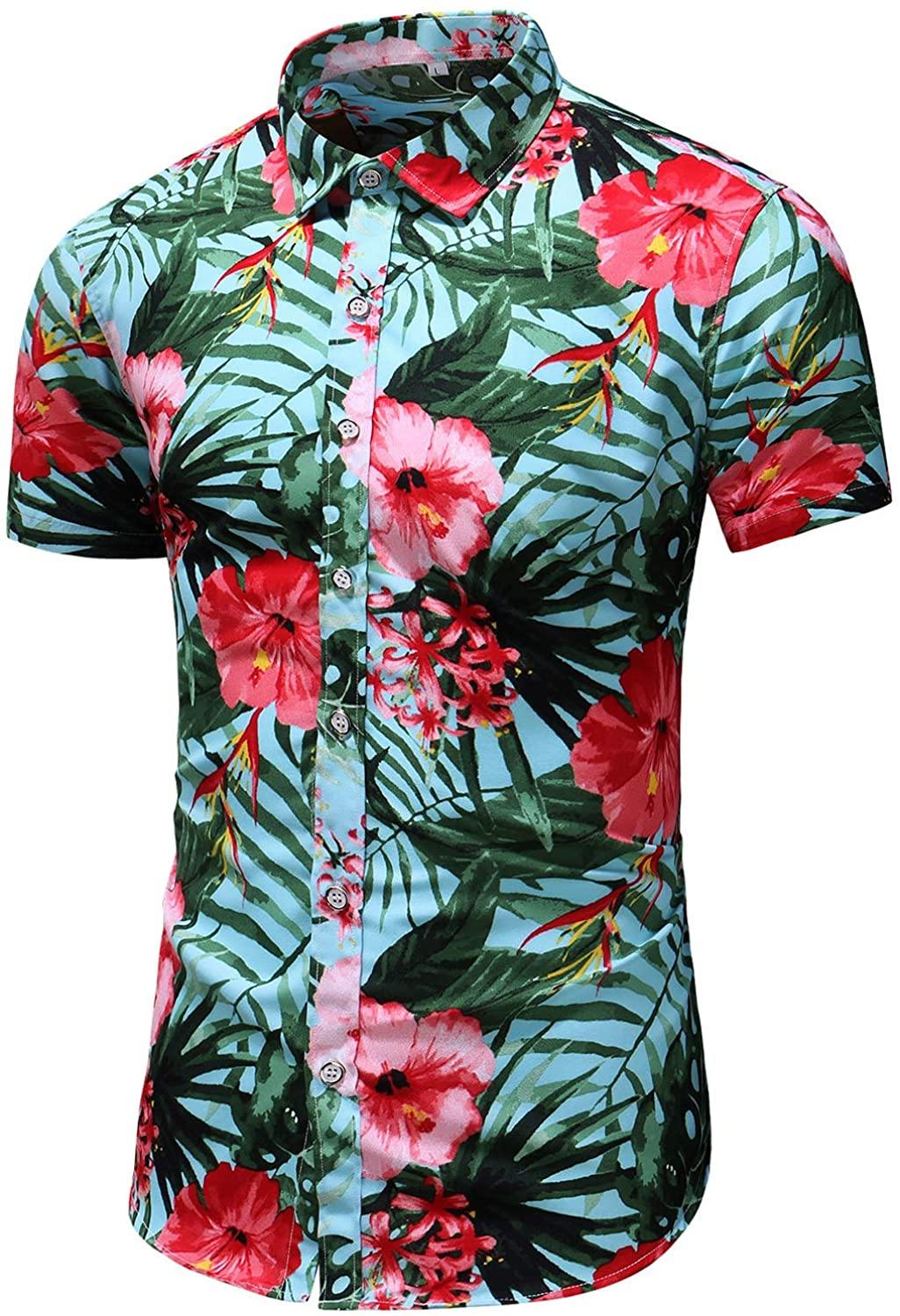 LEFTGU Men's Slim fit Floral Printed Beach Hawaiian Button-Down Dress Shirt