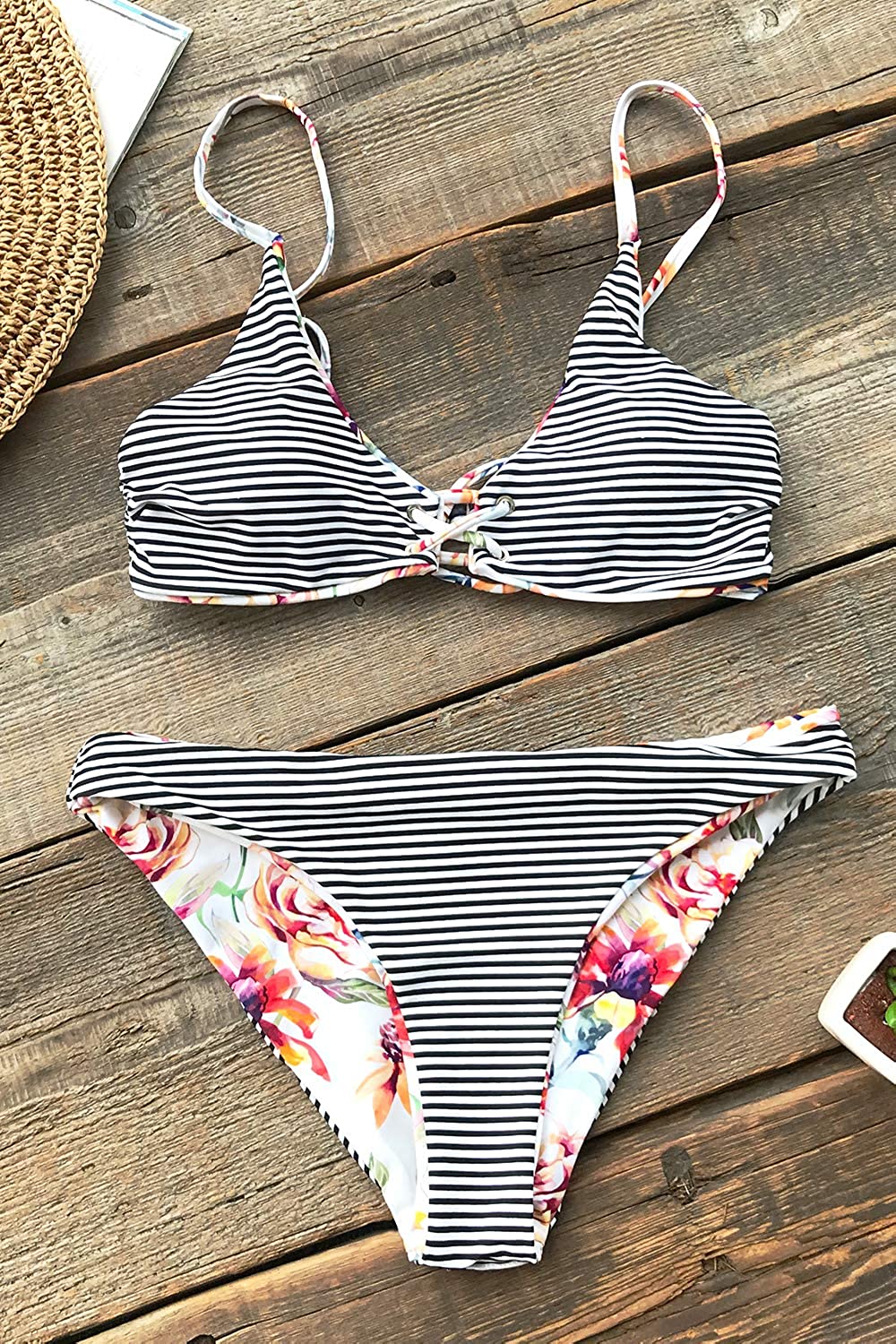 CUPSHE Women's Reversible Lace Up Bikini Sets Floral and Striped