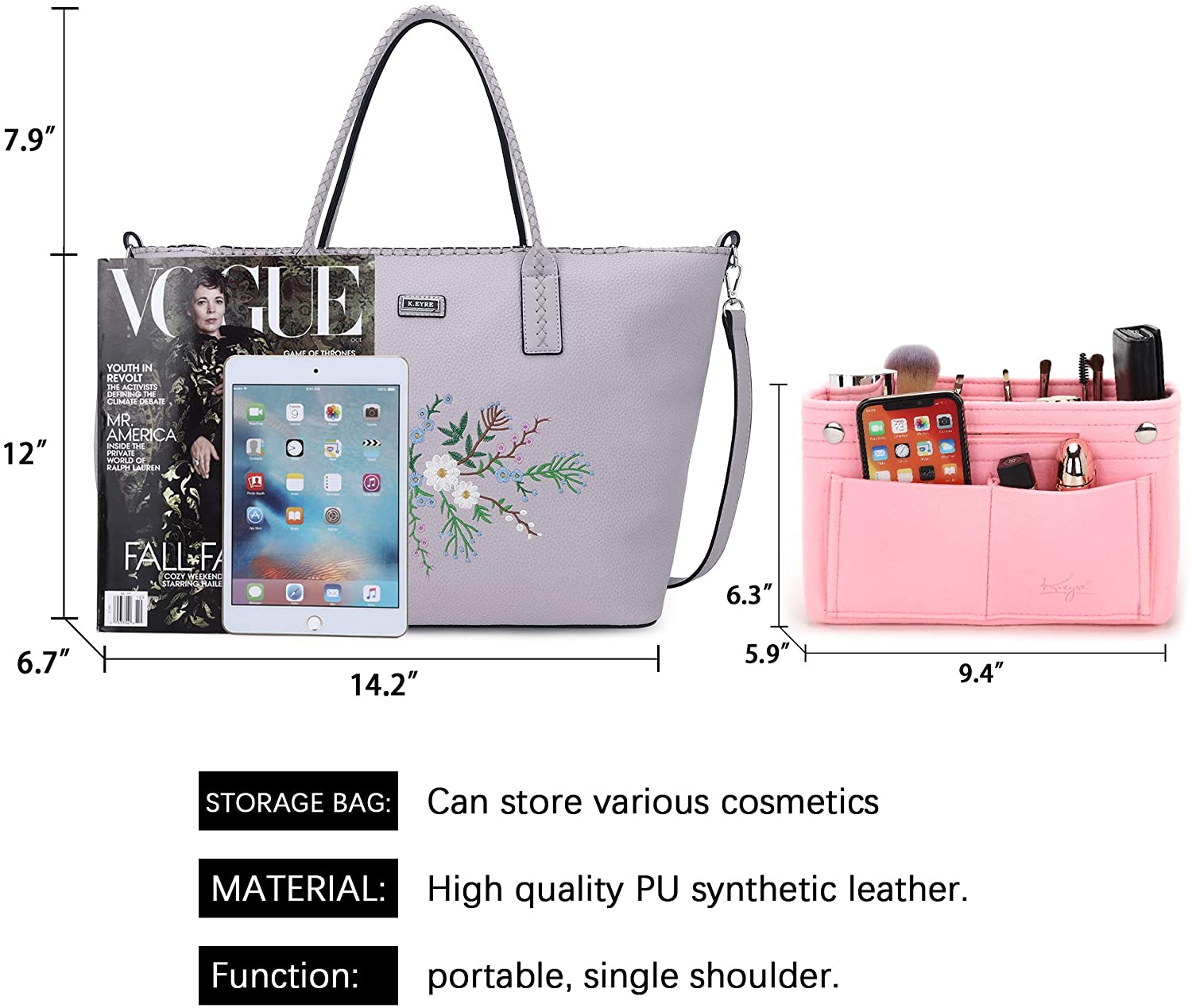 K.EYRE Women's Soft Faux Leather Tote Bag Purse Handbags Wallet Tote Shoulder Bag Purse Large Capacity