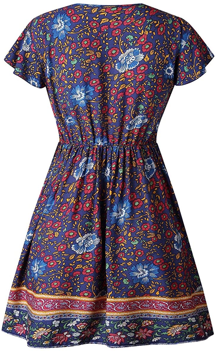 KIRUNDO Women’s  Summer Hot Short Sleeve V-Neck High Waist Floral Print Mini Sun Dress
