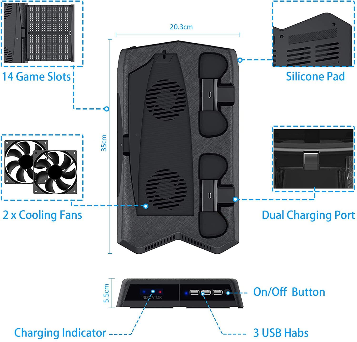 PS5 Console Cooling Fan, Arespark Playstation5 Vertical Edition Console Cooling Stand with Dualsense Controller Charge Station & Game Slots - JOY2ESpree