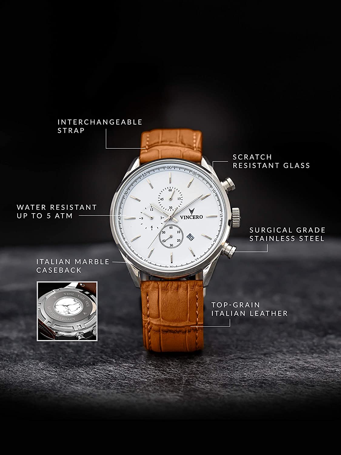 Vincero Luxury Men's Chrono S Wrist Watch - Top Grain Italian Leather Watch Band - 43mm Chronograph Watch - Japanese Quartz Movement…