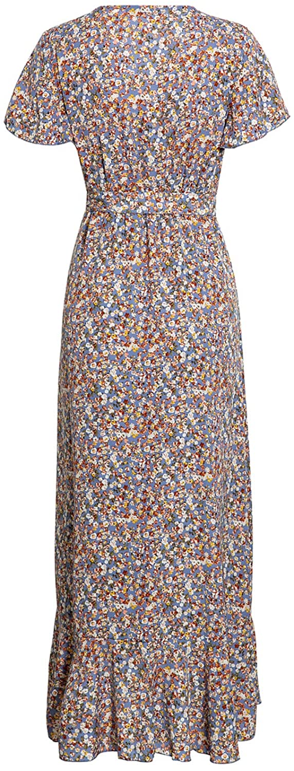 Miessial Women's Summer Chiffon V Neck Ruffle Maxi Dress Polka Dot Long Beach Wrap Dress