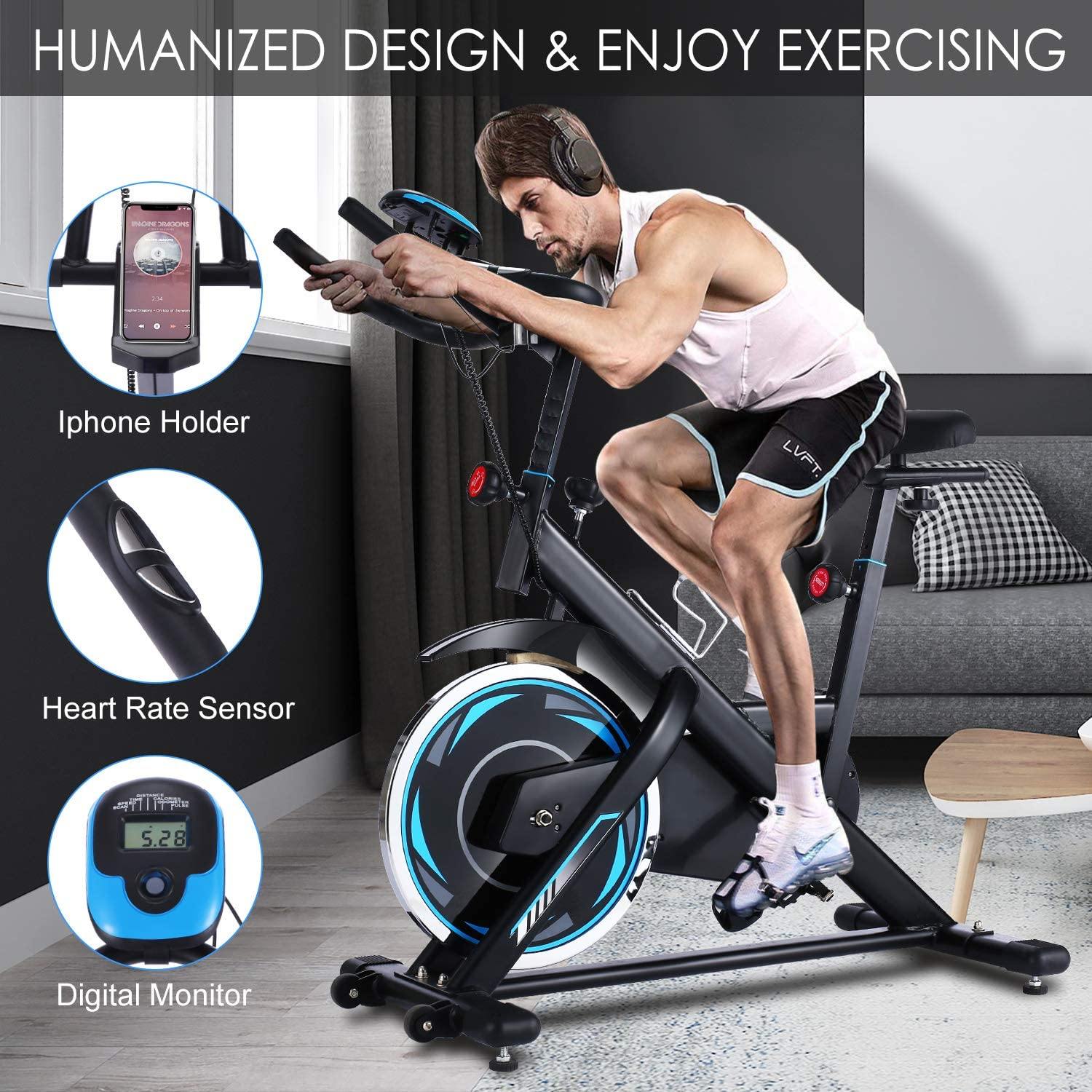 ANCHEER Indoor Exercise Bike, Fitness Stationary Indoor Cycling Bike Belt Drive with LCD Monitor for Home Cardio Workout Bike Training - JOY2ESpree