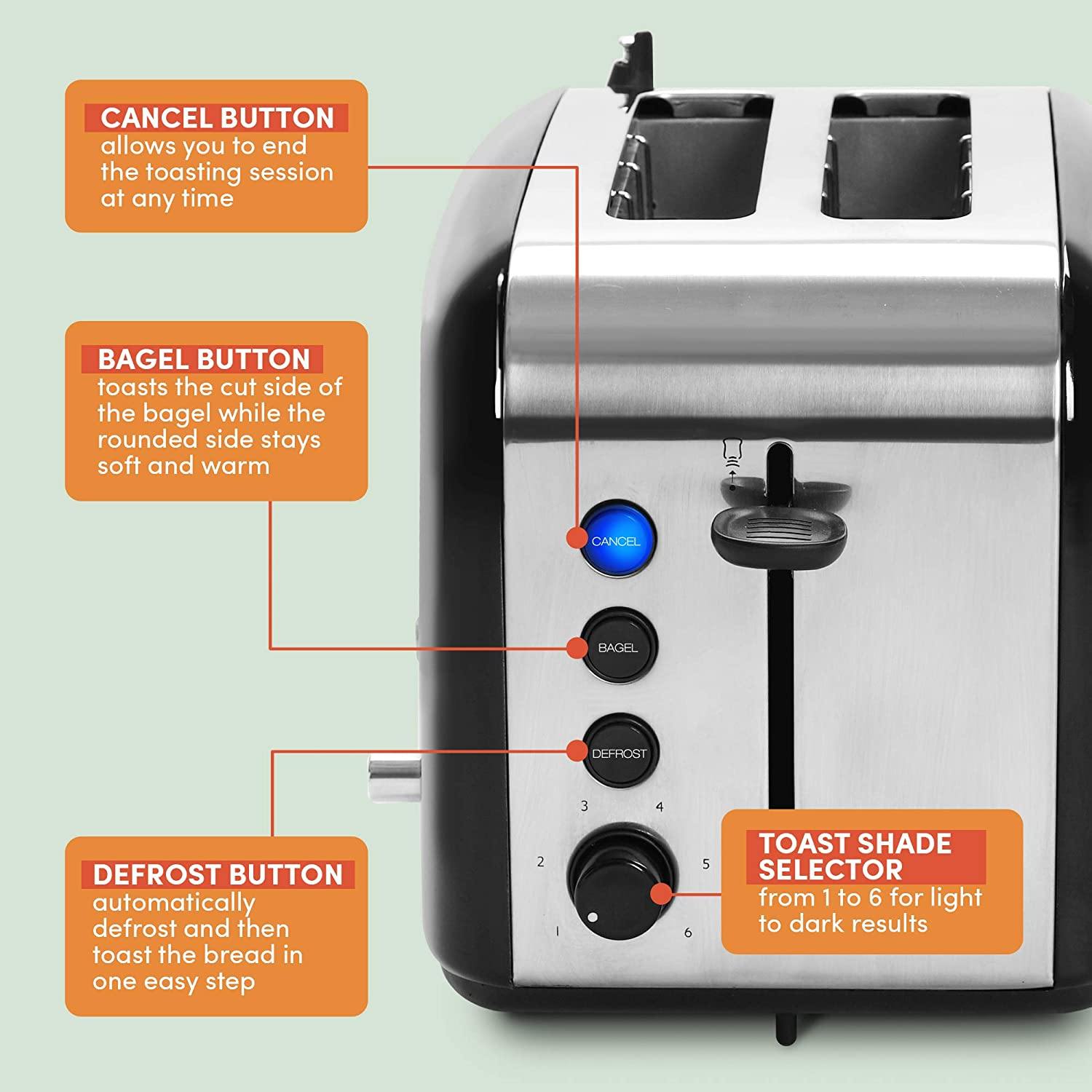 Maxi-Matic ERT-6067 Long Cool Touch 4-Slice Toaster Extra Wide 1.25" Slots for Bagels Waffles, 2, White - JOY2ESpree