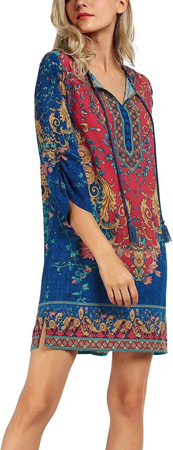 Women Bohemian Neck Tie Vintage Printed Ethnic Style Summer Shift Dress