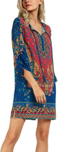 
                        
                          Load image into Gallery viewer, Women Bohemian Neck Tie Vintage Printed Ethnic Style Summer Shift Dress
                        
                      