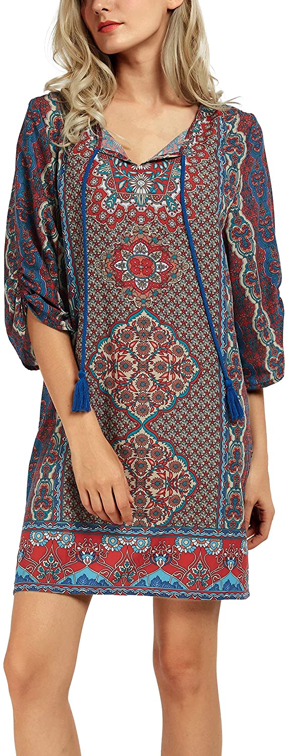 Women Bohemian Neck Tie Vintage Printed Ethnic Style Summer Shift Dress
