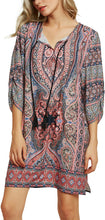 
                        
                          Load image into Gallery viewer, Women Bohemian Neck Tie Vintage Printed Ethnic Style Summer Shift Dress
                        
                      