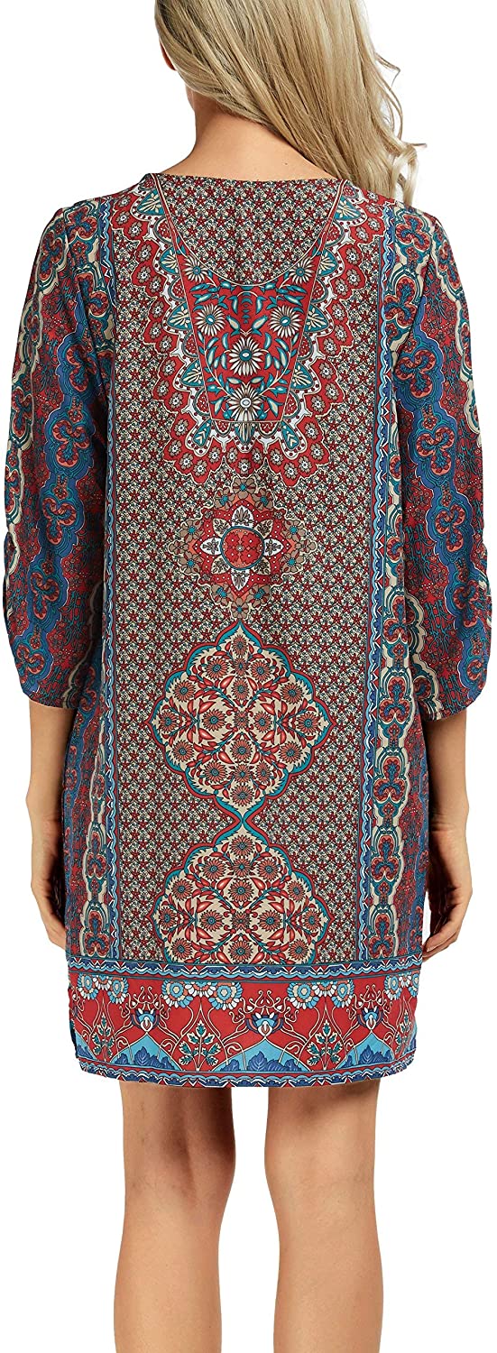 Women Bohemian Neck Tie Vintage Printed Ethnic Style Summer Shift Dress
