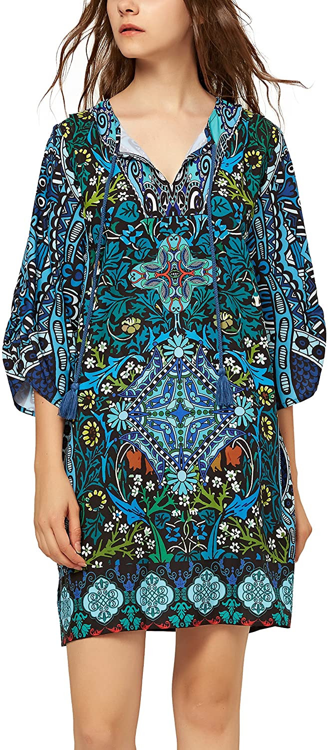 Women Bohemian Neck Tie Vintage Printed Ethnic Style Summer Shift Dress