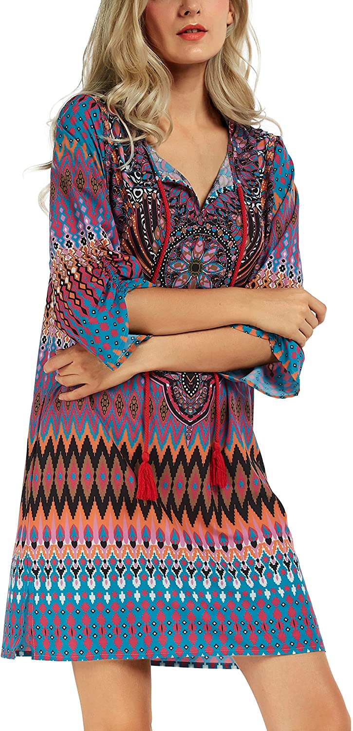 Women Bohemian Neck Tie Vintage Printed Ethnic Style Summer Shift Dress