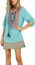 
                        
                          Load image into Gallery viewer, Women Bohemian Neck Tie Vintage Printed Ethnic Style Summer Shift Dress
                        
                      