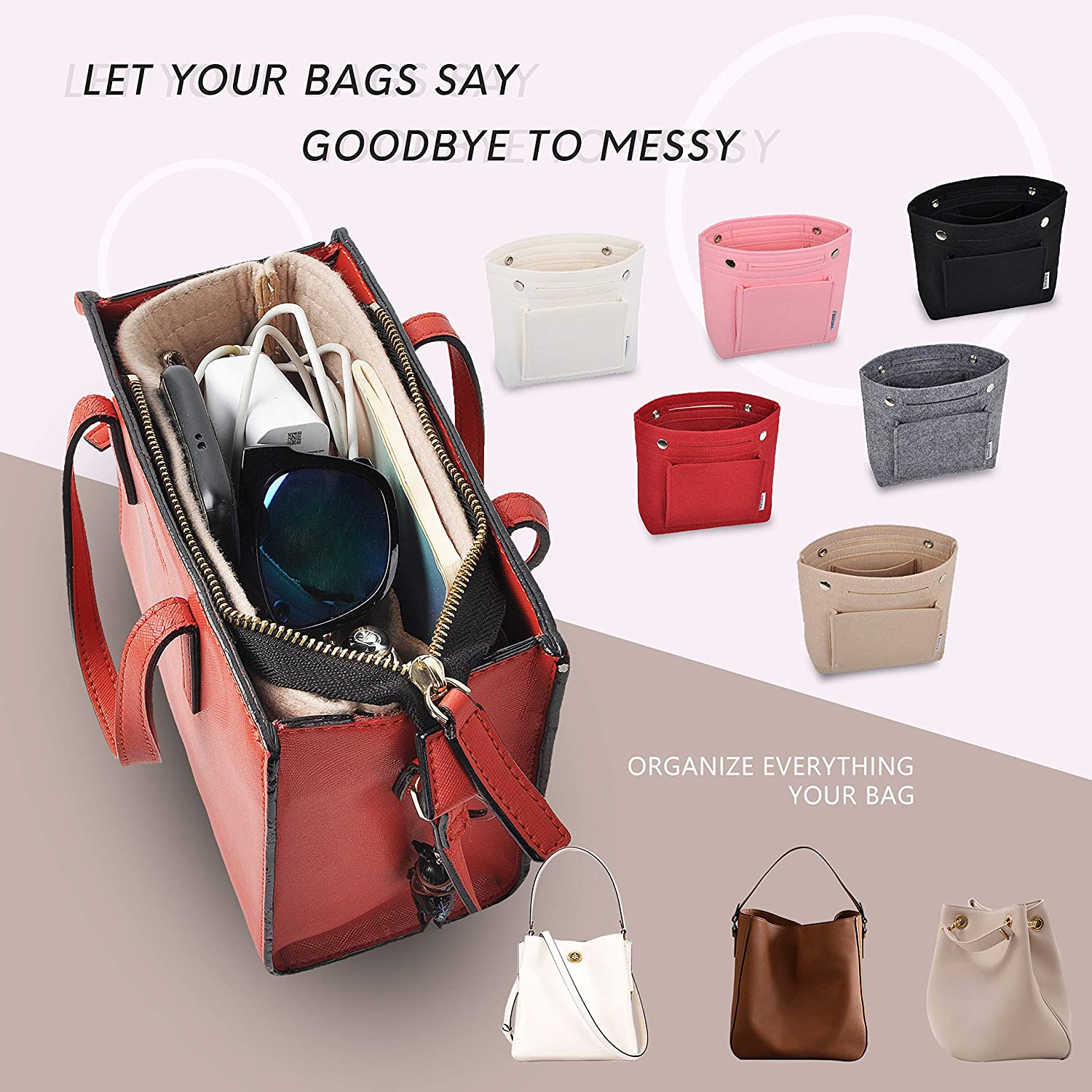 Vercord Felt Tote Handbag Purse Pocketbook Organizer Insert Divider Shaper Bag in Bag