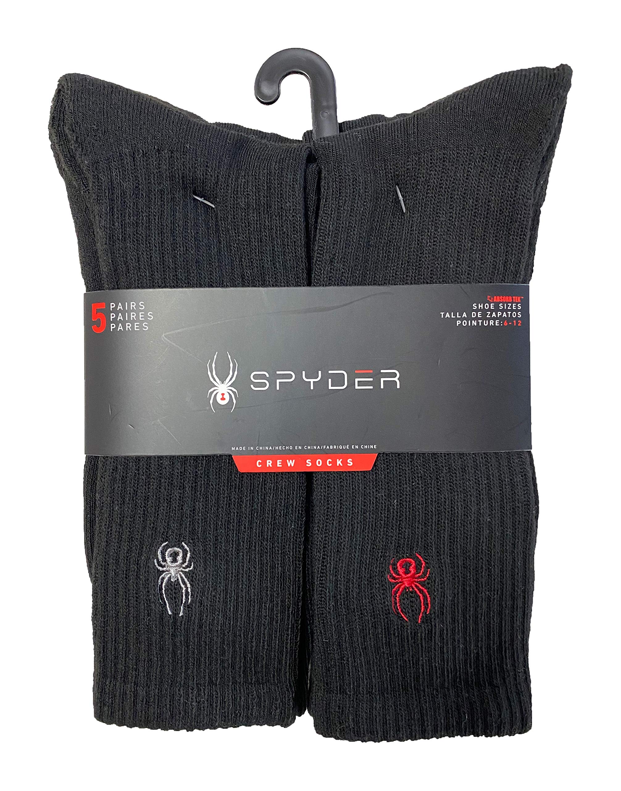 Spyder - 5-pair Crew Socks - Black with Stitched Logo, size 6-12