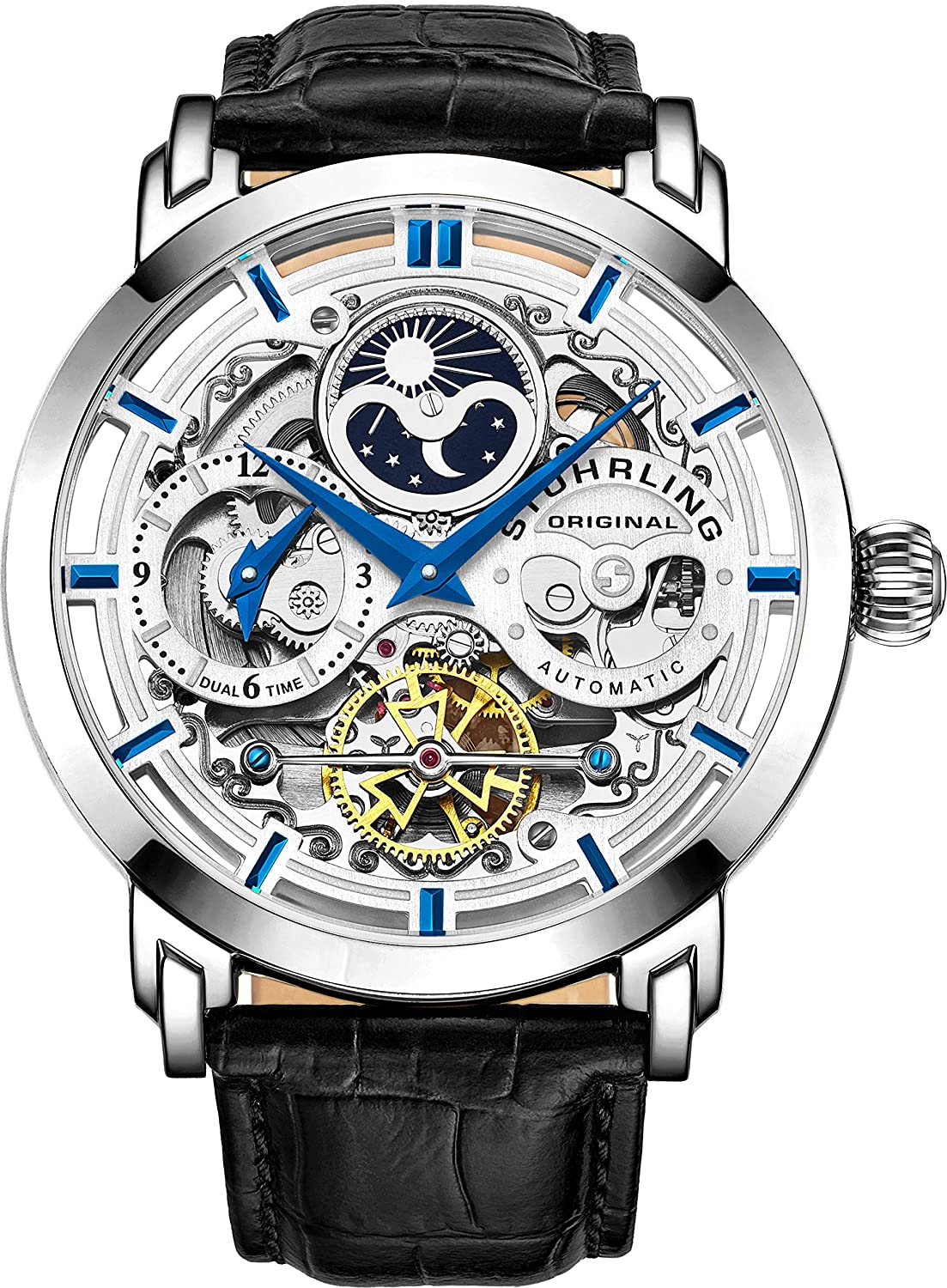 Stührling Original Mens Watch Stainless Steel Automatic, Skeleton Dial, Dual Time, AM/PM Sun Moon,Genuine Leather Strap 371 Watches for Men Series