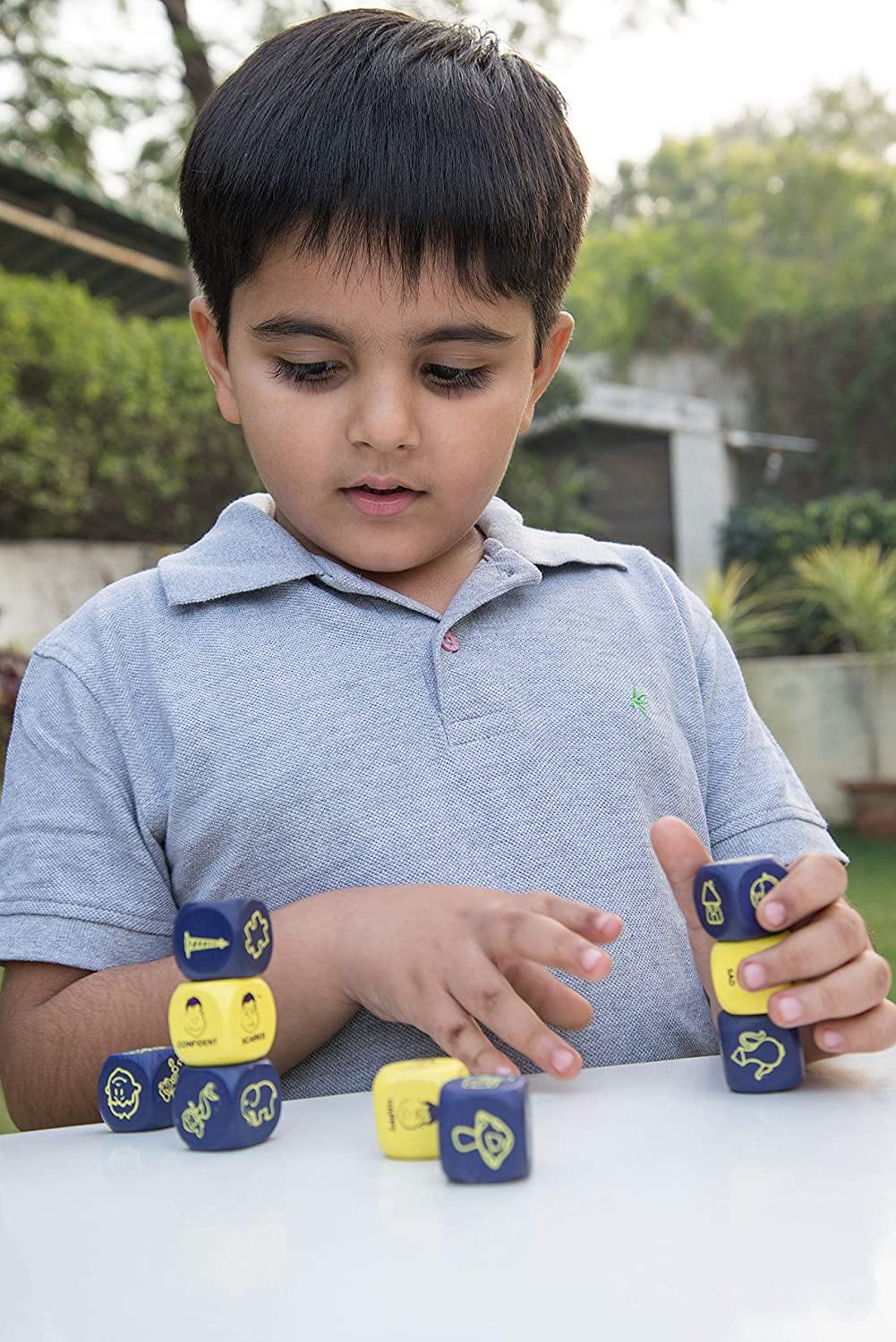 Chalk and Chuckles Rolling Tales, Story Telling Wooden Dice Cubes with Feelings & Objects Ages 5 to 99 Years Old Create Endless Stories - JOY2ESpree