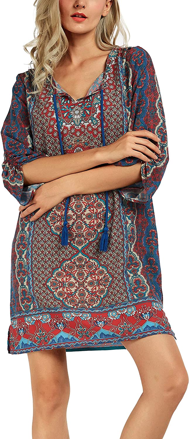 Women Bohemian Neck Tie Vintage Printed Ethnic Style Summer Shift Dress