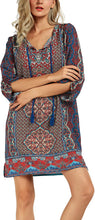
                        
                          Load image into Gallery viewer, Women Bohemian Neck Tie Vintage Printed Ethnic Style Summer Shift Dress
                        
                      