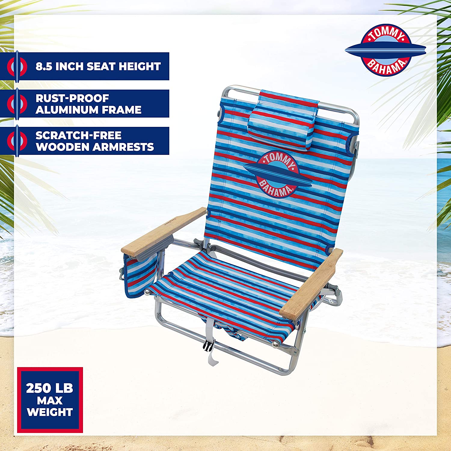 Tommy Bahama 5-Position Classic Lay Flat Folding Backpack Beach Chair