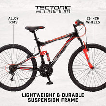 
                        
                          Load image into Gallery viewer, Mongoose Status 2.2 Mens and Womens Mountain Bike, 26-Inch Wheels, 21-Speed Shifters, Aluminum Frame, Front Suspension,a Black/Red
                        
                      